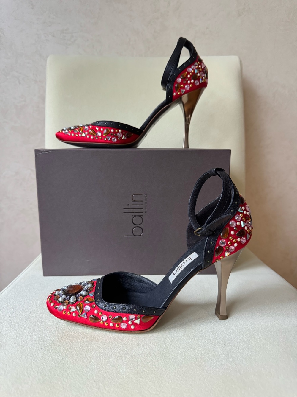 Ballin Embellished Red High Heels with Ankle Strap 8.5/39